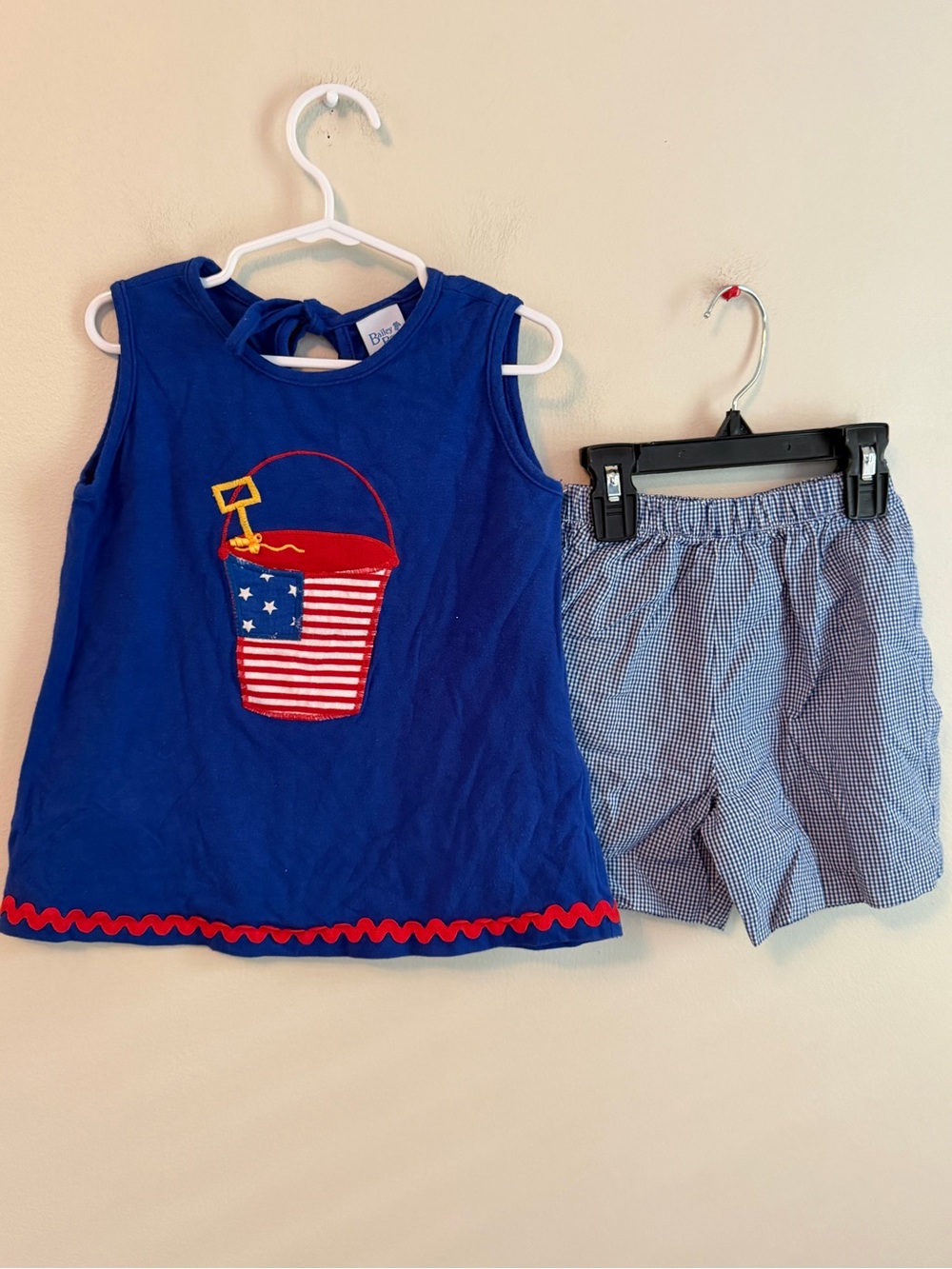 The Bailey Boys Blue Sleeveless Patriotic Bucket Applique Top with Gingham Short